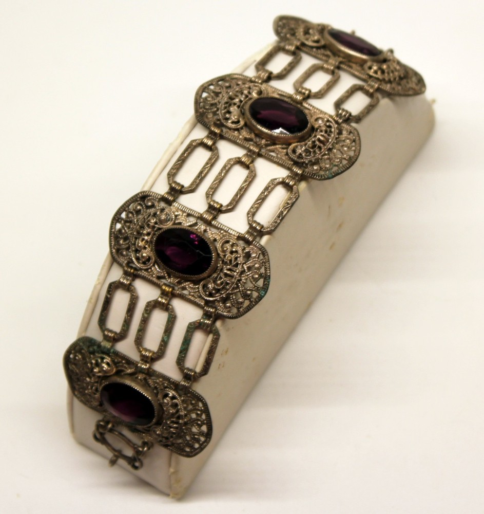 Antique Vtg 800 Silver Filigran Depose Bracelet with Purple Stones