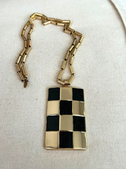 VINTAGE LANVIN PARIS GOLD TONE & BLACK CHECKERED PENDANT NECKLACE