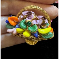 Vintage Flower Basket Brooch Woven Wire & Molded Glass Beads