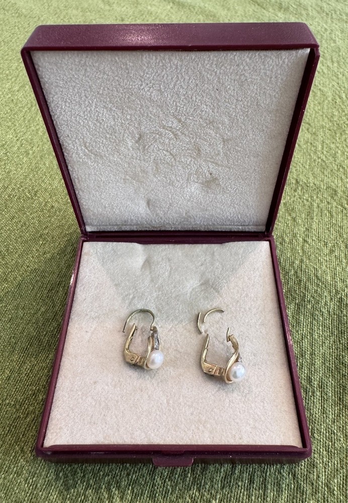 8K German Gold Pearl Hoop Earrings-Freshwater-4.5mm Pearls 0.5” Leverback Vtg