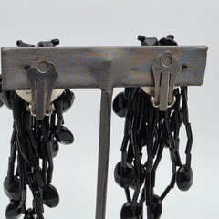 Vtg Black Bead Cha Cha Dangle Clip On Shoulder Duster Earrings Statement 3.25″