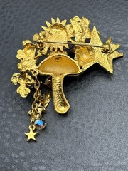 Kirks Folly Gold Tone Angel Cherub Sun Mushroom AB Rhinestone Enamel Brooch Pin