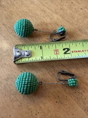 Vintage Green Glass Seed Bead Dangle Drop Clip On Earrings Go Go Style 2”