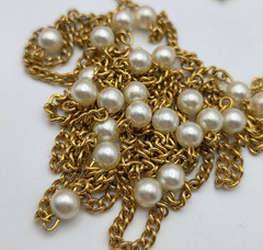 Vintage Gold Tone White Faux Pearl Station Necklace 53 In Long Cable Chain