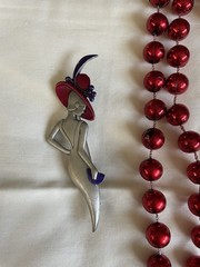 Stylized Red Hat Lady Pin And Red Beaded Necklace