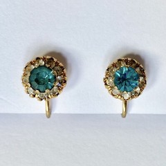 Halo Aquamarine Blue Rhinestone Vintage Gold Tone Vargas Screw Back Earrings
