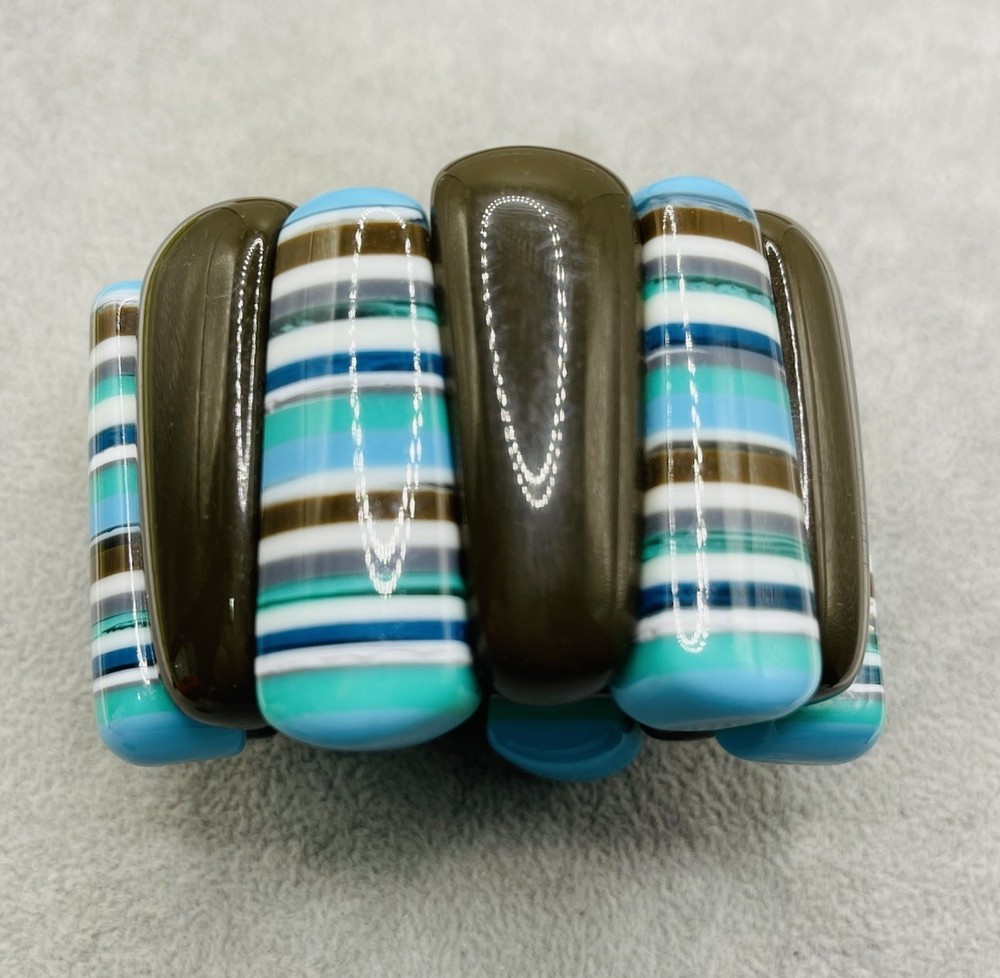 Vintage Chunky Striped Resin Stretch Bracelet Blue Aqua Brown Lucite Acrylic