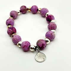 VTG Jilzara Y2K Purple Floral Polymer Clay Bead Stretch Bracelet Silver Accents