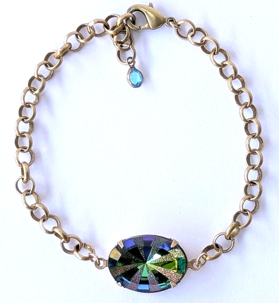 ​Vtg Czech Vitrail Rhinestone Adjustable Length Bracelet Antique Brass Chain