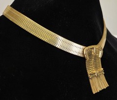 Whiting & Davis Fringe Buckle Necklace Vtg Gold Plated Mesh Metal 17″ Band 1/2″