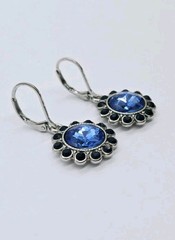 Monet Dangle Flower Earrings Blue Rhinestone Silver Tone Leverback 1.25 in