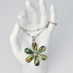 LIA SOPHIA Original Vintage Signed Abalone Flower Lily Pendant Silver Necklace