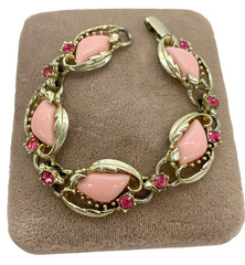 VTG Lipstick Pink thermoset Lucite Rhinestone Gold-tone 5-link bracelet MCM