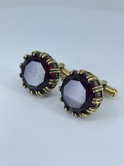 Red Glass cufflinks Faceted round prong set open gold tone 1-1/8″