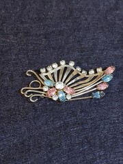 Butterfly Brooch P&F 12k Gold Filled Glass Rhinestones Pink Blue Clear