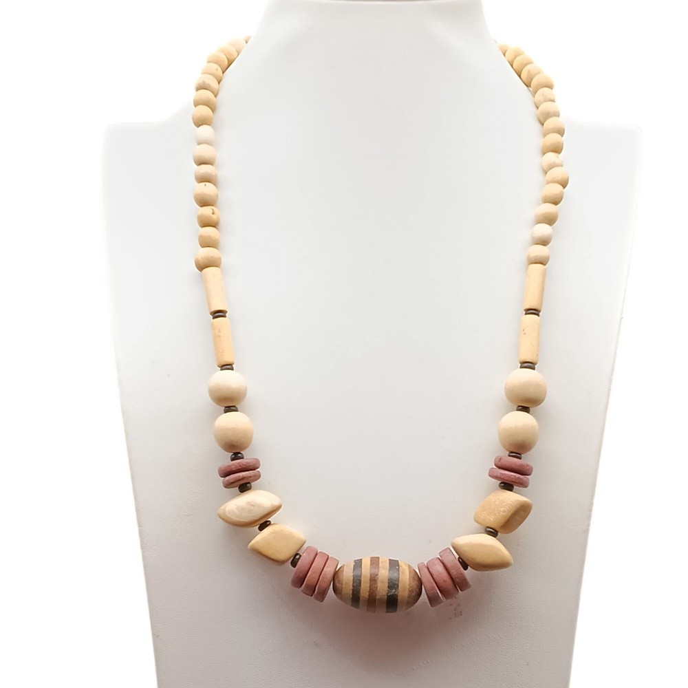 Vintage Wooden Beaded Necklace Boho Chic