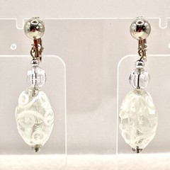 Vtg Mod SilverTone Art Deco Glass Earrings Clip On Dangle Drop White Groovy S