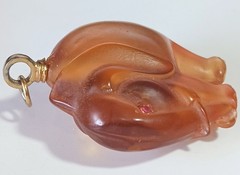 Vintage Translucent Peach-Orange Elephant Pendant w/ Pink Rhinestone Eyes 2″