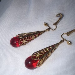 Avon Vintage Clip-On Red Lucite Drop Goldtone Filigree Dangly