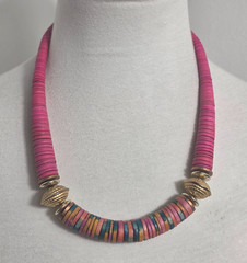 Bohemian-Style Statement Necklace Bright Pink & Colorful Multicolor Heishi Beads