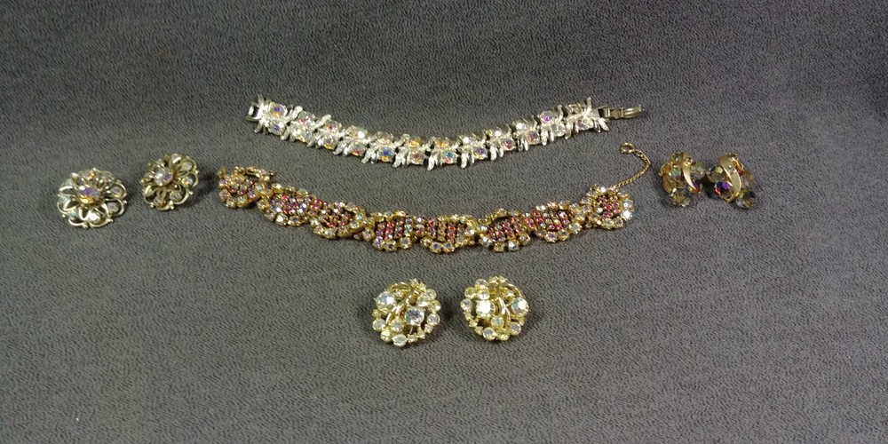 5 Aurora Borealis Rhinestone Art Bracelet Earrings Vintage Jewelry Lot
