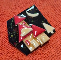 Vintage House Pins by Lucinda Night Time Home Crescent Moon in Sky Pin / Brooch