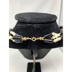 Vintage Faux Pearl & Beaded Necklace 3 Strand Black White Gold Tone