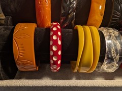 15 Vintage Carved Polkadot Colorful Lucite? Thermoset? Bracelets