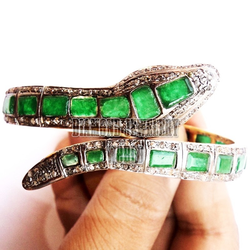 Stunning 4.70ct Rose Cut Diamond Emerald Silver Victorian Snake Bangle Bracelets