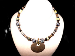 VTG Glass and Acrylic Boho beaded Collar Necklace with Heavy Metal Pendant