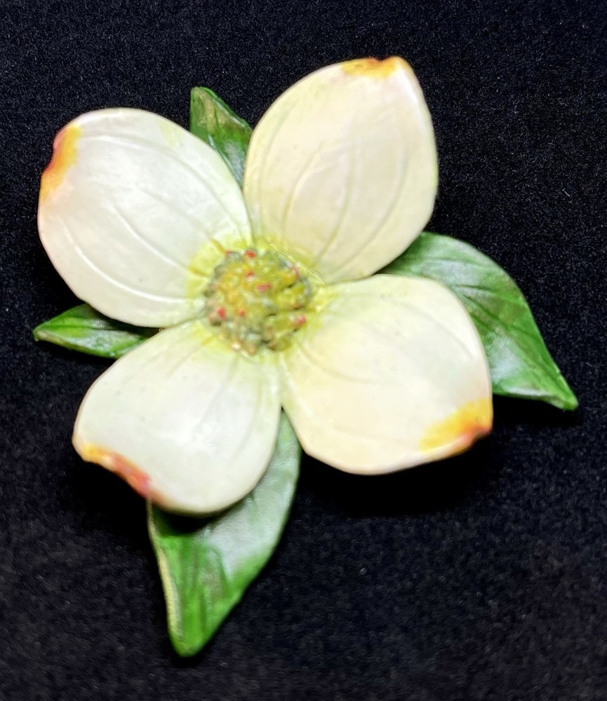 Artisan Made Signed 2″ Leather Dogwood Brooch Painted Finish Recently Restored