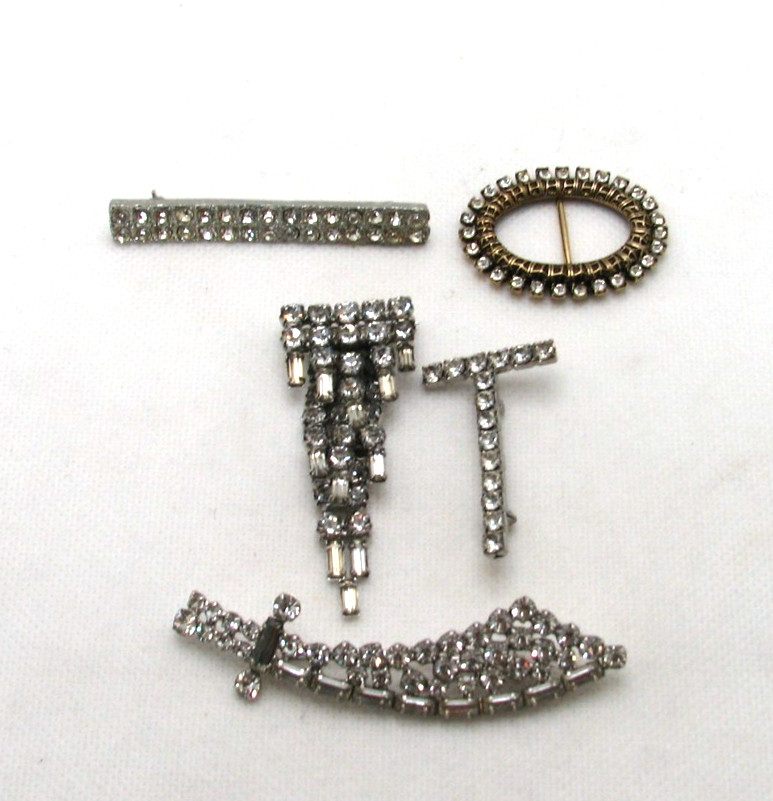 Vintage Lot of 4 Clear Rhinestone Brooch Pins & 1 Buckle/Slide