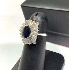 18K White Gold 2.95ctw Oval Sapphire & Tapered VS Baguette Diamond Ring