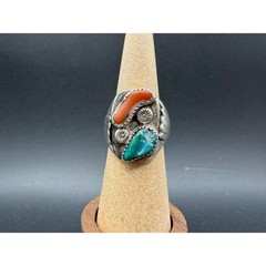 Vintage Native American Turquoise & Coral Ring Size 9 Sterling Silver Men’s Ring