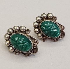 Vintage Tribal Mask Earrings Mexico Screw Back Green Onyx Stone 1″