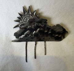 Vintage Pewter Brooch With Sun, Clouds And Rain Chains