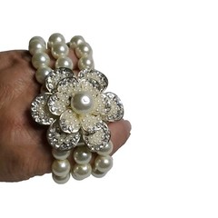 Large Bracelet Rhinestone & Faux Pearl 3 Strand Stretchable Bracelet Silver Tone
