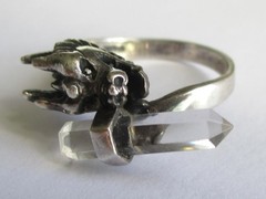 Sz 9.5 VINTAGE STERLING SILVER CLEAR QUARTZ ROCK CRYSTAL WAND DRAGON RING