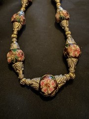 Vintage Long Cloisonné Necklace Copper Based & Wire Pewter Binding 925 Clasp