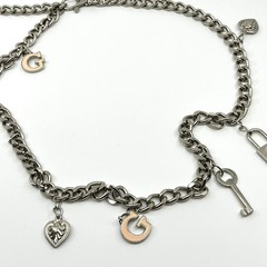 Vintage Y2K GUESS Charm Belt Silver Tone Pink Crystal Heart Lock Key Necklace