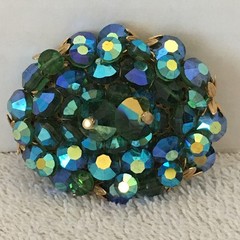 Vintage Brooch AB Crystal / Glass Beads Faceted Heavy Blues & Greens Sparkly