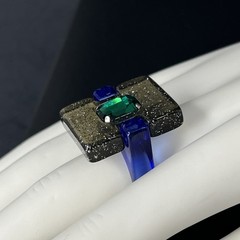 Modernist Lucite Ring Blue Black Glitter Rhinestone Size 8 Chunky Post Modern