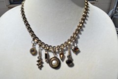 vintage Patricia Locke charm necklace statement Swarovski gold tone 18″ 7 charms