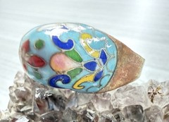 VTG Chinese Blue Cloisonne Enamel And Copper Ring Flowers Leaves Stems Sz 7