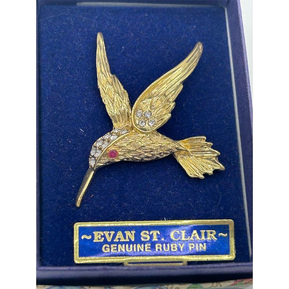 Vintage Evan St Clair Gold Tone Hummingbird Brooch Ruby Accents