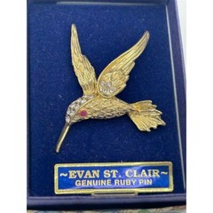 Vintage Evan St Clair Gold Tone Hummingbird Brooch Ruby Accents