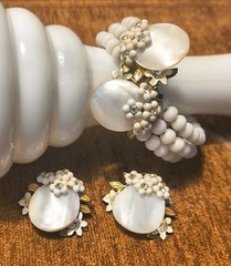 Vtg 40s Miriam Haskell Milk Glass MOP Bypass Cuff Bracelet Earrings Gold Set