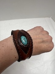 Vintage Leather Cuff Bracelet Blue Stone 3”