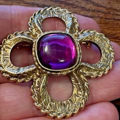 Vintage Gold Tone Purple Cabochon Brooch Ornate Quatrefoil Statement Pin 2.25in