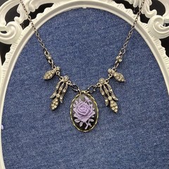 Vintage Charm Pendant Necklace on Sexy Black Chain w Purple Rose & Rhinestones